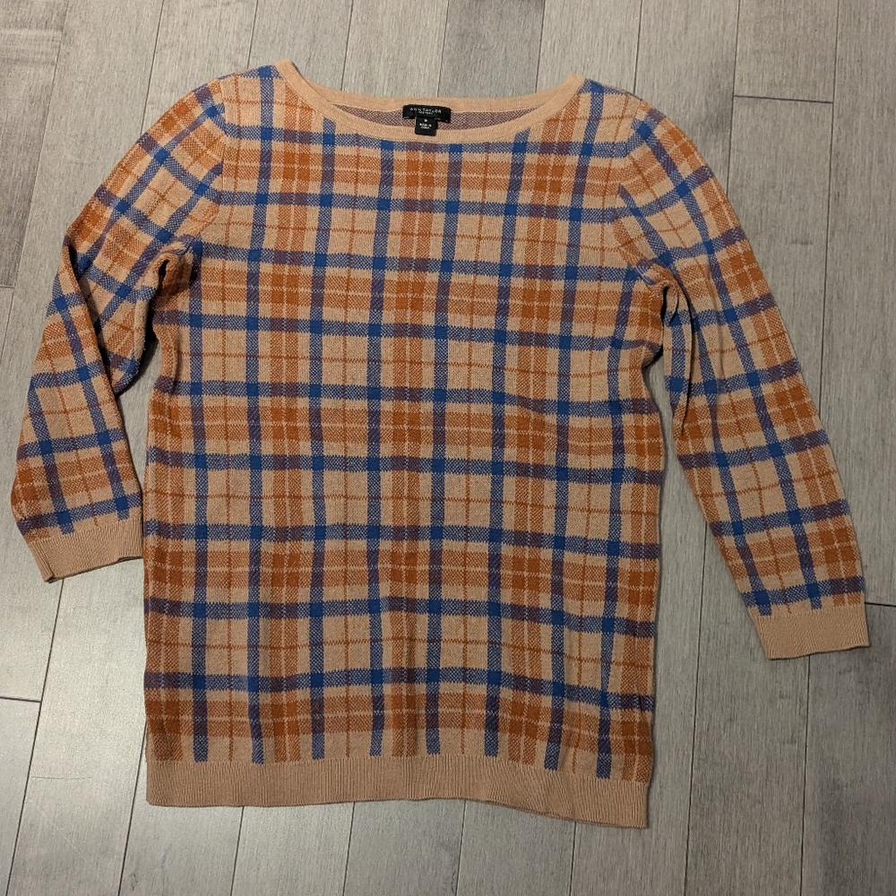 Ann Taylor Factory Women's Plaid Crewneck Sweater - Blue and Brown